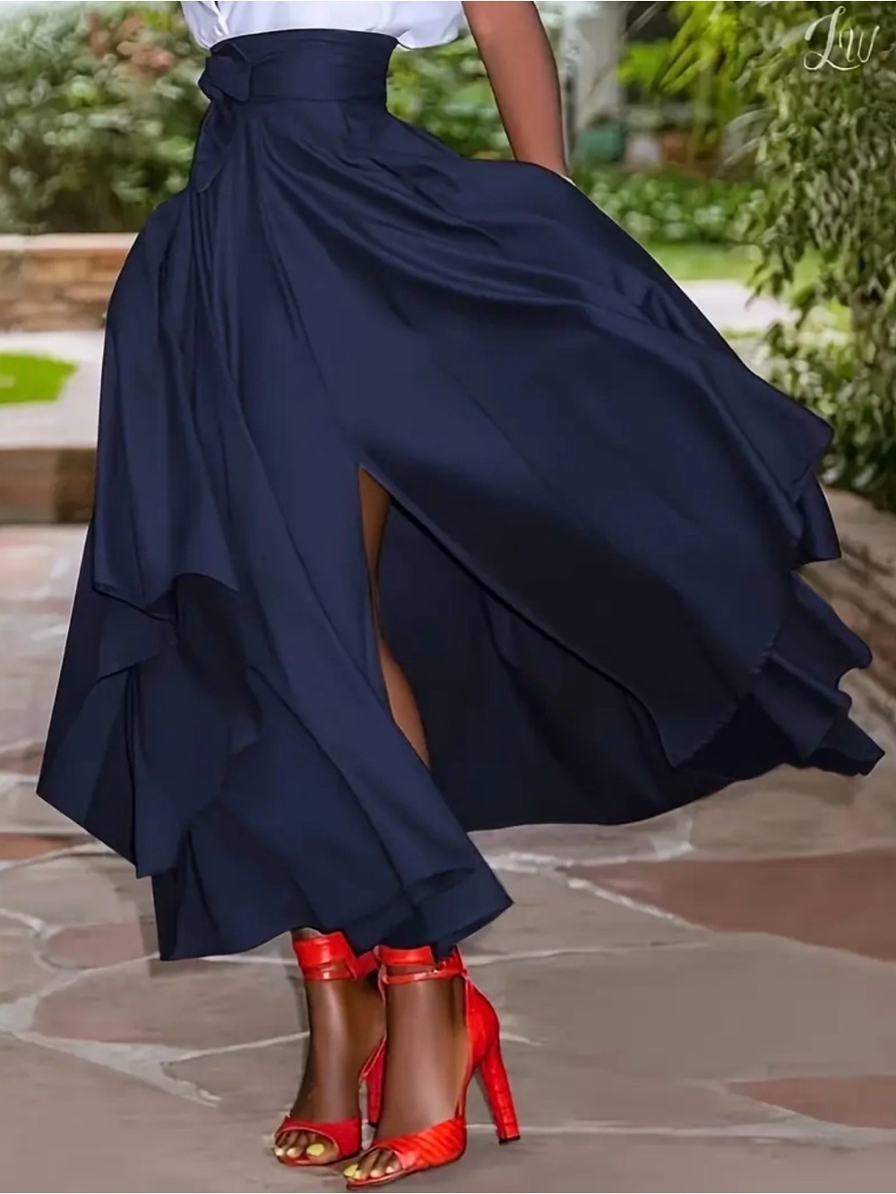 SHEIN Navy High-Waist Side Slit Tie Waist Assymetrical Midi Skirt L